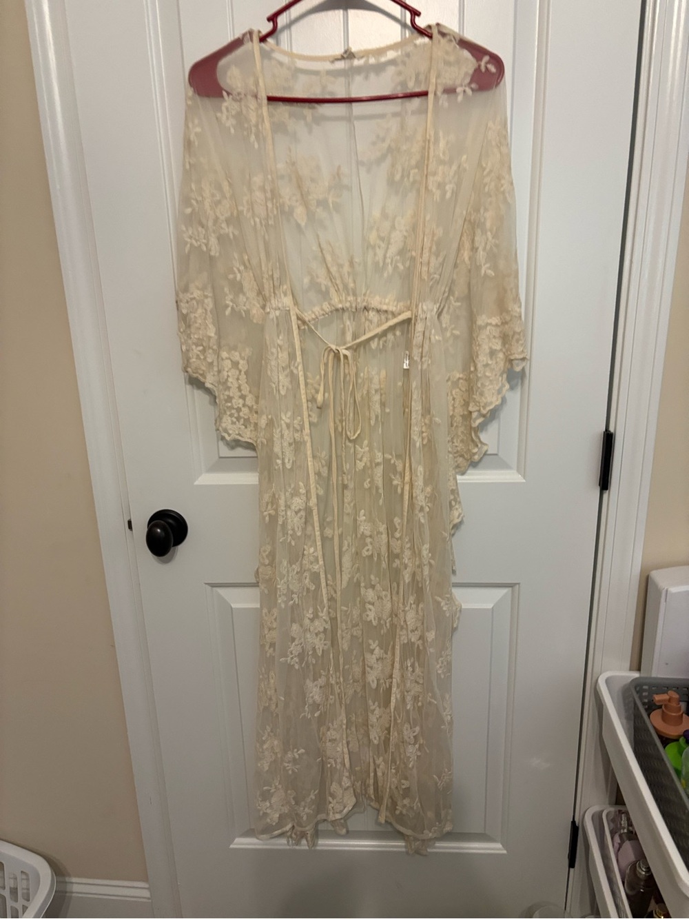 Sheer Floral Embroidered Kimono Robe in Cream